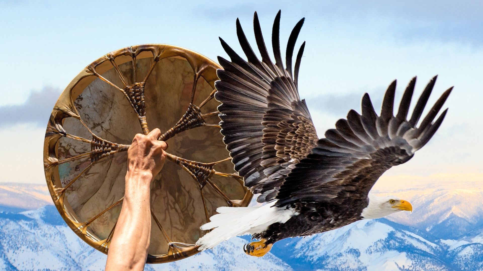 Tambour et aigle en vol pour le Voyage Chamanique sur les Ailes de l'Aigle